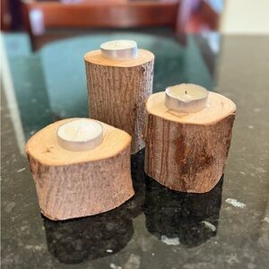 3 Wooden Pillar Tree Stump Tea Lights Trio Rustic Candle Holder 4” 3” & 2” High